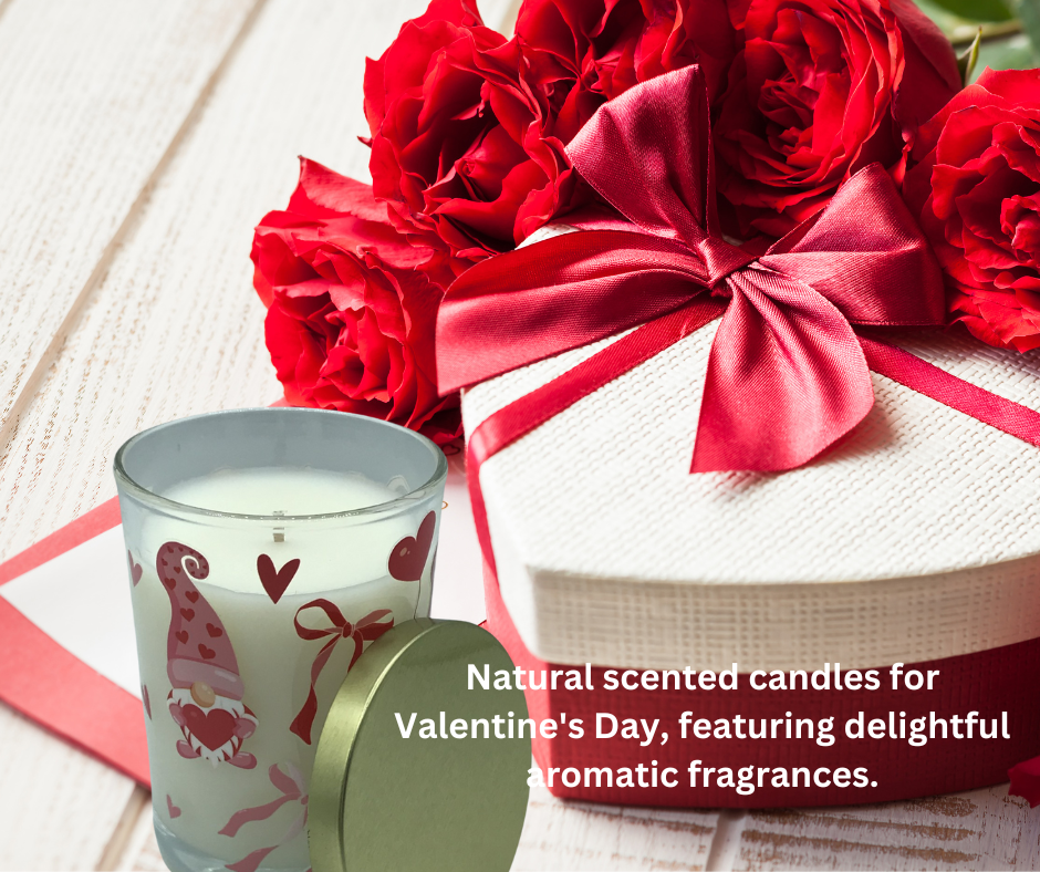 Valentine Gift Set - 2 Pack 7.5 oz, Hand Poured Scented Candles by Terreux Mind with a candle next to a gift box and roses.