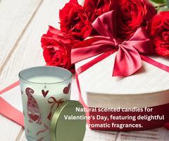 Valentine Gift Set - 2 Pack 7.5 oz, Hand Poured Scented Candles by Terreux Mind with a candle next to a gift box and roses.