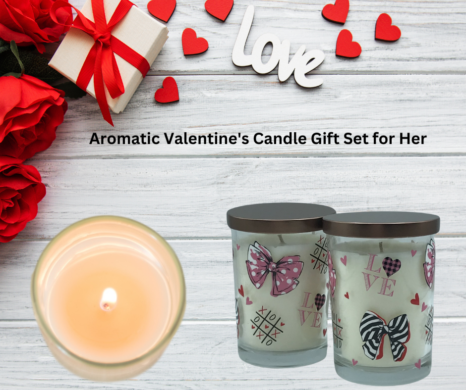 Valentine Gift Set - 2 Pack 7.5 oz, Hand Poured Scented Candles | Terreux Mind, with roses and a gift box, elegantly displayed on a table.