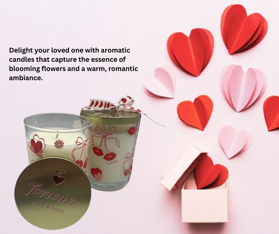 Valentine Gift Set - 2 Pack 7.5 oz, Hand Poured Scented Candles by Terreux Mind, in glass jars with a bow, next to heart-decorated packaging.