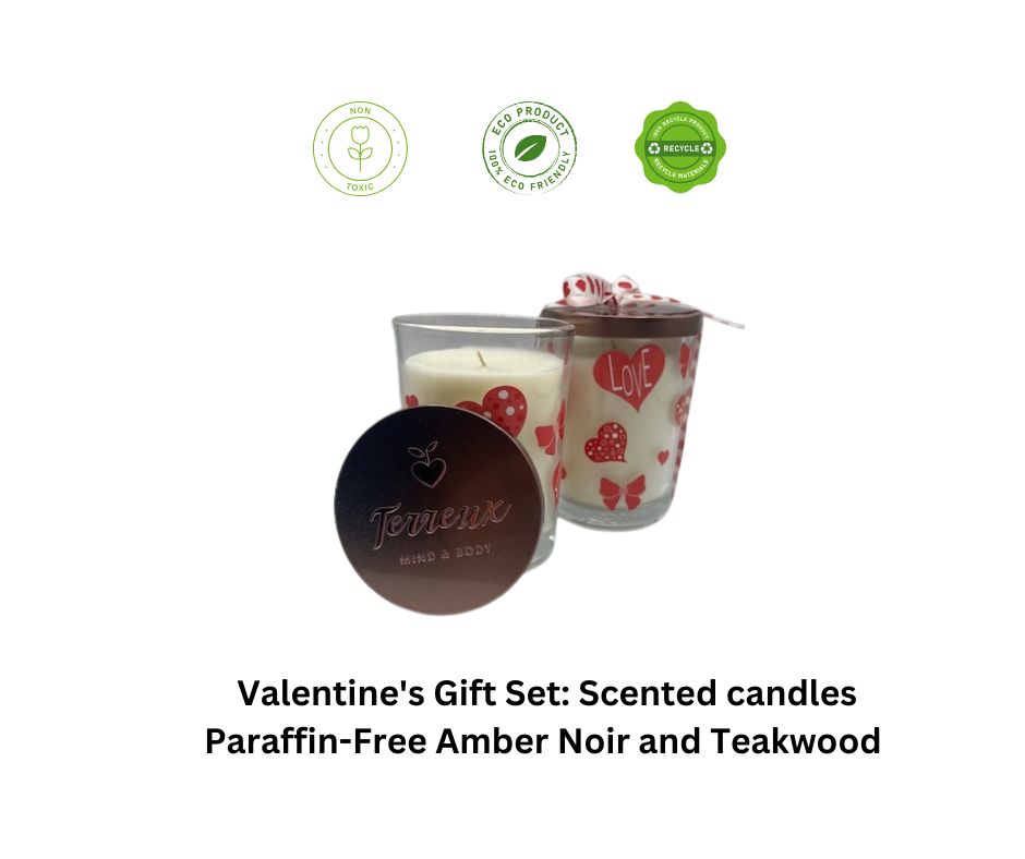 Valentine Gift Set - 2 Pack 7.5 oz Hand Poured Scented Candles by Terreux Mind, featuring heart design on glass, perfect for romantic ambiance.