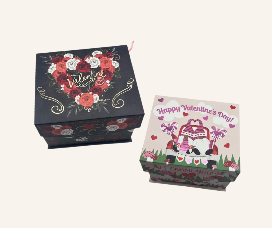 Valentine Gift Set - 2 Pack 7.5 oz. Hand Poured Scented Candles featuring heart and gnome designs on boxes, includes teddy bear candle and handmade matches.