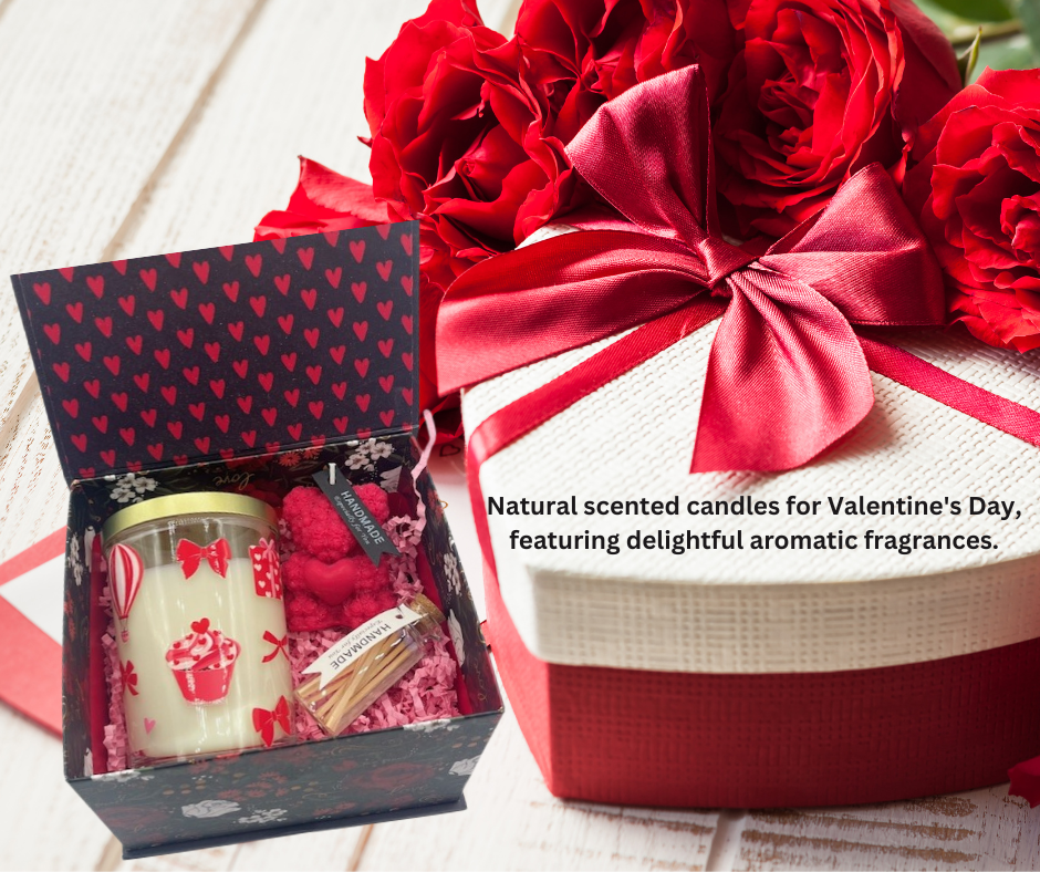 Valentine Gift Set - 2 Pack 7.5 oz, Hand Poured Scented Candles with roses and a pink teddy bear, elegantly presented in a gift box.