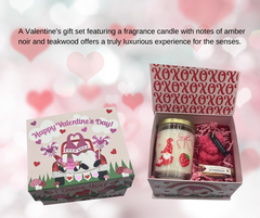 Valentine Gift Set includes a candle with gnome design, teddy bear candle, and matches in a decorative box, emphasizing a romantic experience.