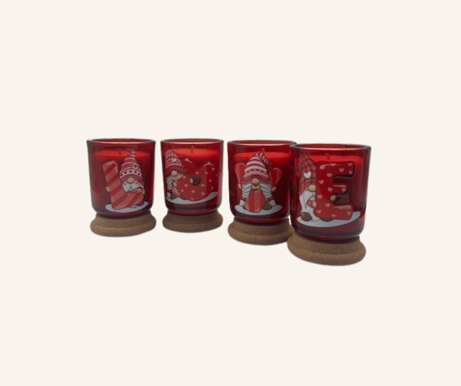 Romantic Candle Gift Set - 4 Pack, 3.5 oz Red Jars, Valentine Gnome by Terreux Mind, featuring red votive candles with charming gnome and letter designs.