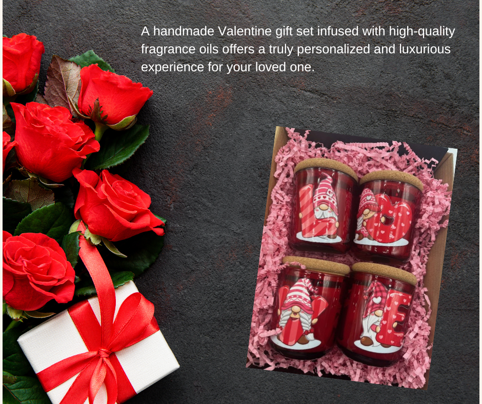 Romantic Candle Gift Set - 4 Pack features red jars, soy wax candles, roses, and a gnome-themed mug, perfect for Valentine's ambiance.