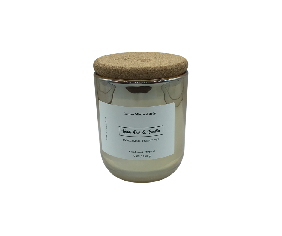 White Oak & Vanilla Soy Candle - 8.5 oz Luxe Glass, Cotton Wick | Terreux Mind